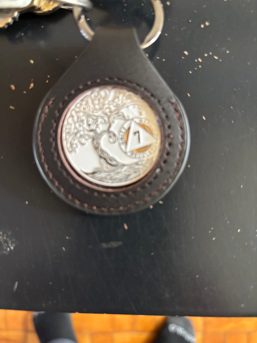 Customer photo review of Sobriety Mint Genuine Leather 34mm AA Medallion Keychain Holder - Recovery Chip/Coin/Token Holder - Dark Brown