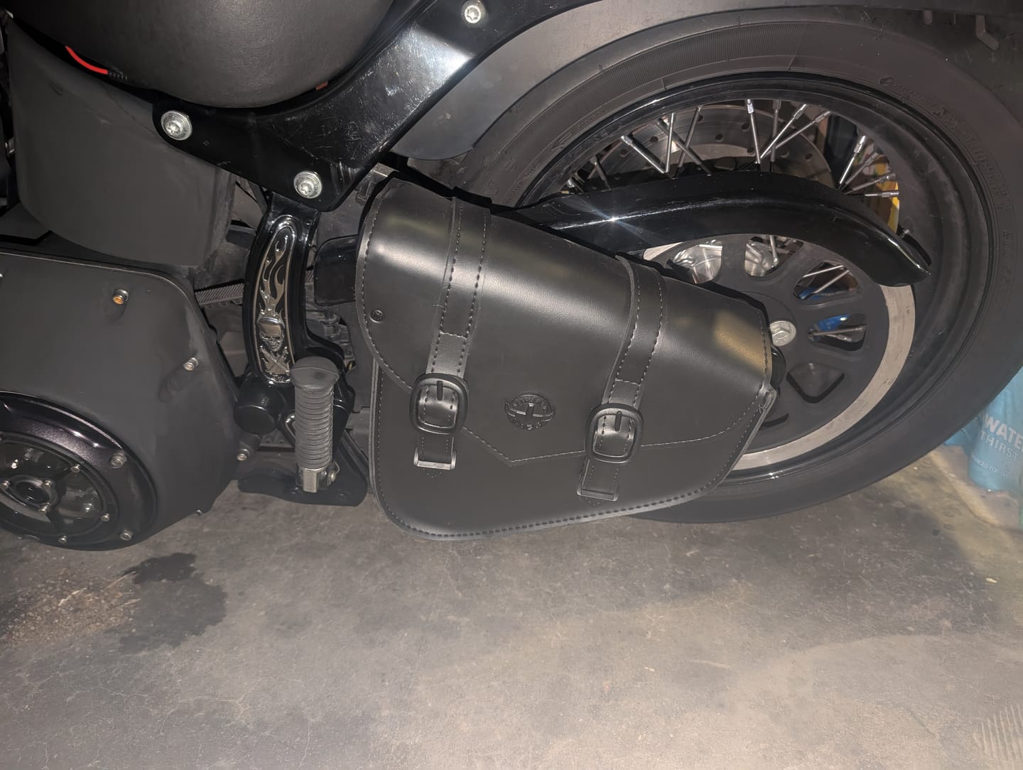 Customer photo review of 3L - Dark Age Plain Leather Motorcycle Swing arm Bag For Harley Softail