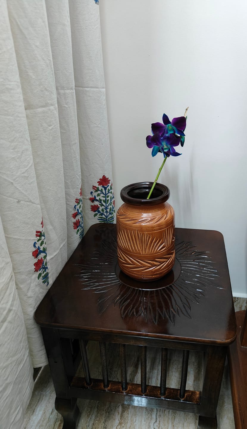 Customer photo review of Mango Wood Walnut Finish Handmade Carving Classic Side Table for Living Room