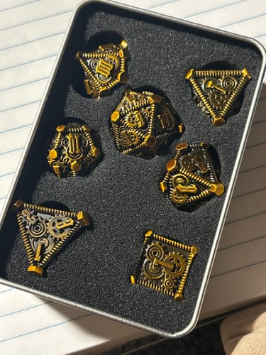 Customer photo review of Rustic Brass - Weird West Wasteland Metal Dice Set