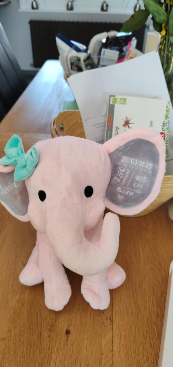 Customer photo review of Pour la naissance - Éléphant câlin personnalisable avec la date de naissance et le nom pour les nouveau-nés