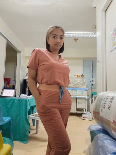 Customer photo review of Jogger MoveTech® Scrub Pants - Women / Saffron