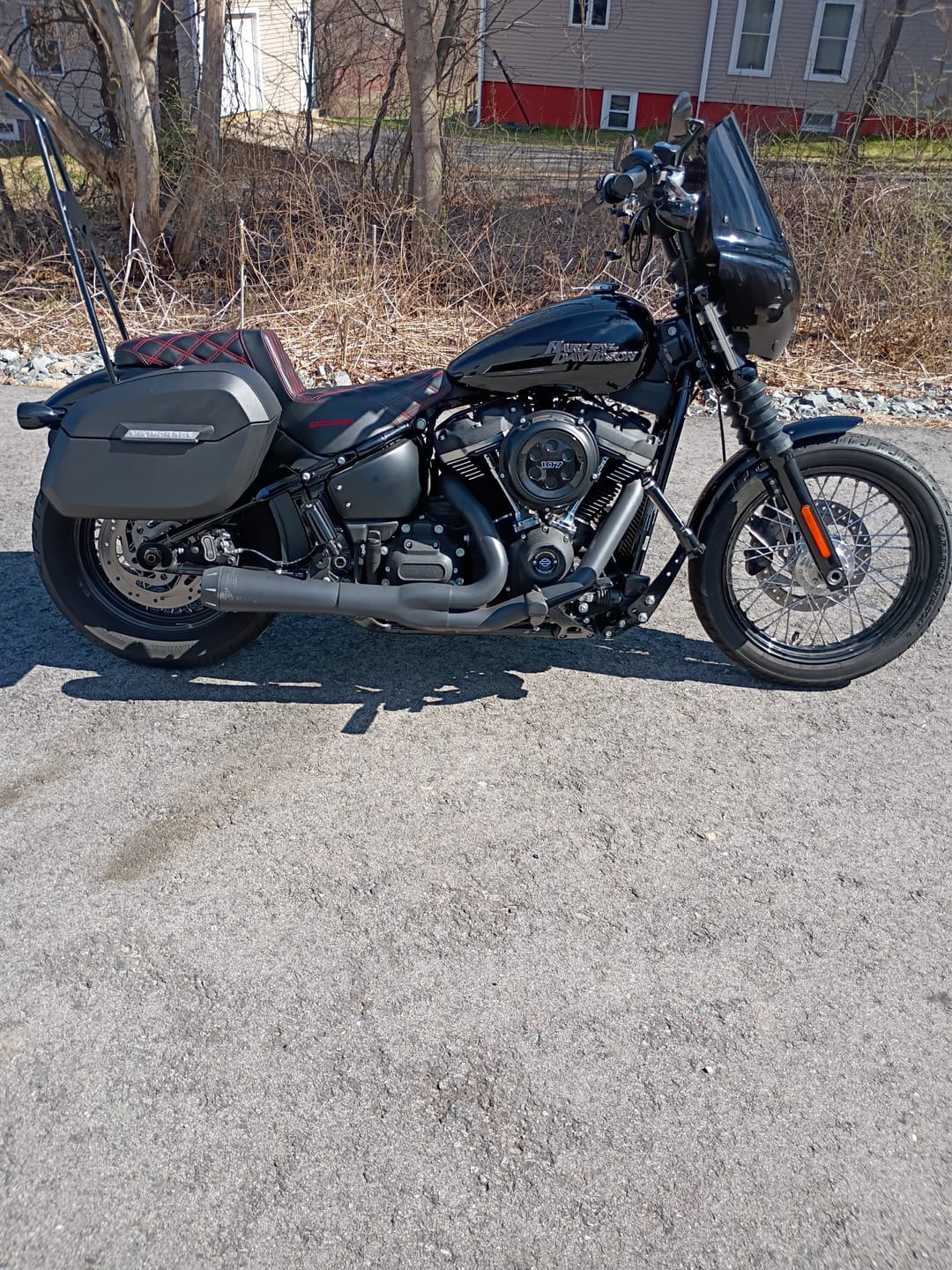 Customer photo review of 32L - Darkin Large Quick Mount Leather Wrapped Hard Saddlebags for Harley Softail Street Bob FXBB