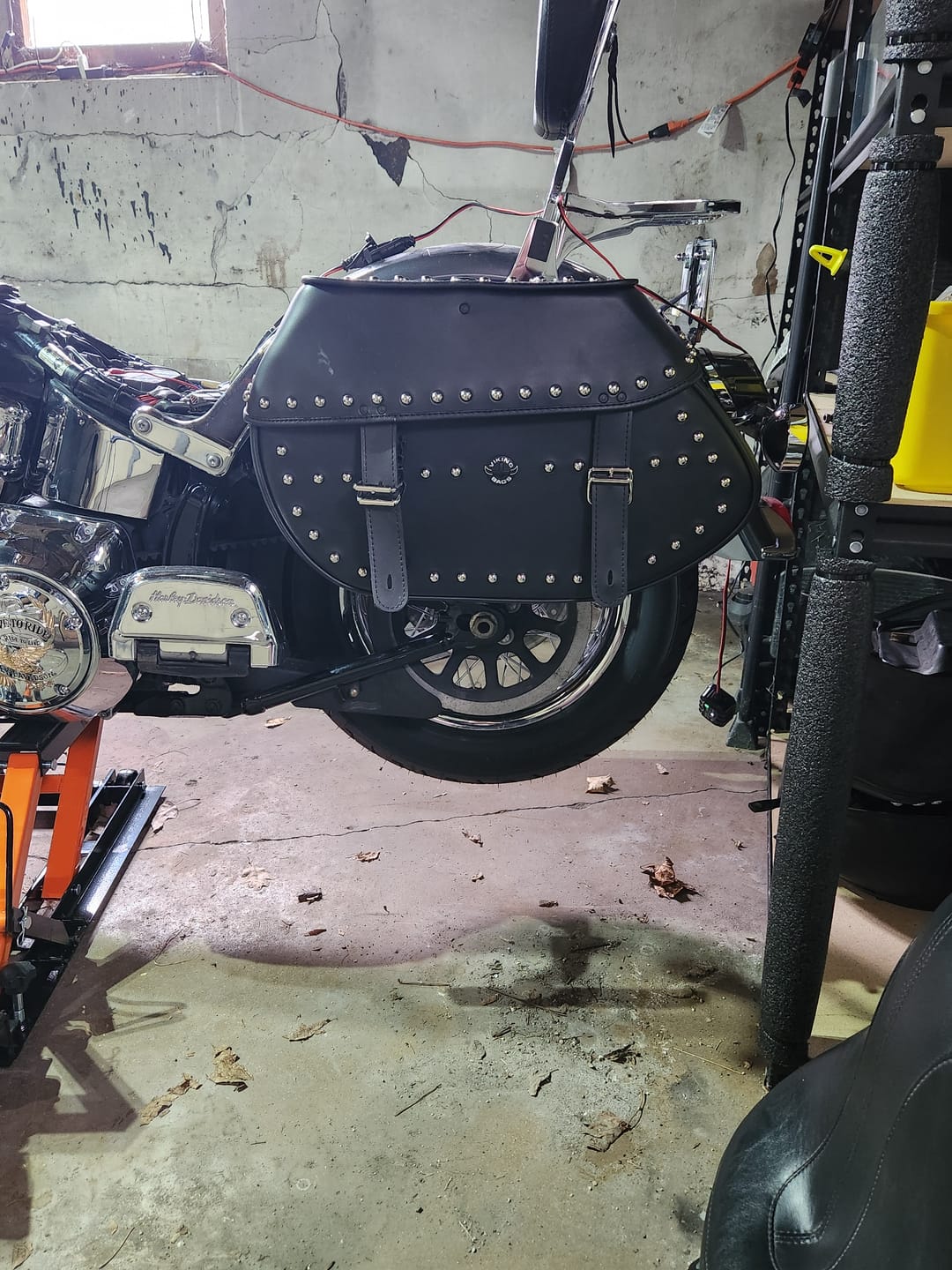 Customer photo review of 35L - Legacy Extra Large Studded Leather Motorcycle Saddlebags for Harley Softail Heritage FLSTC/I