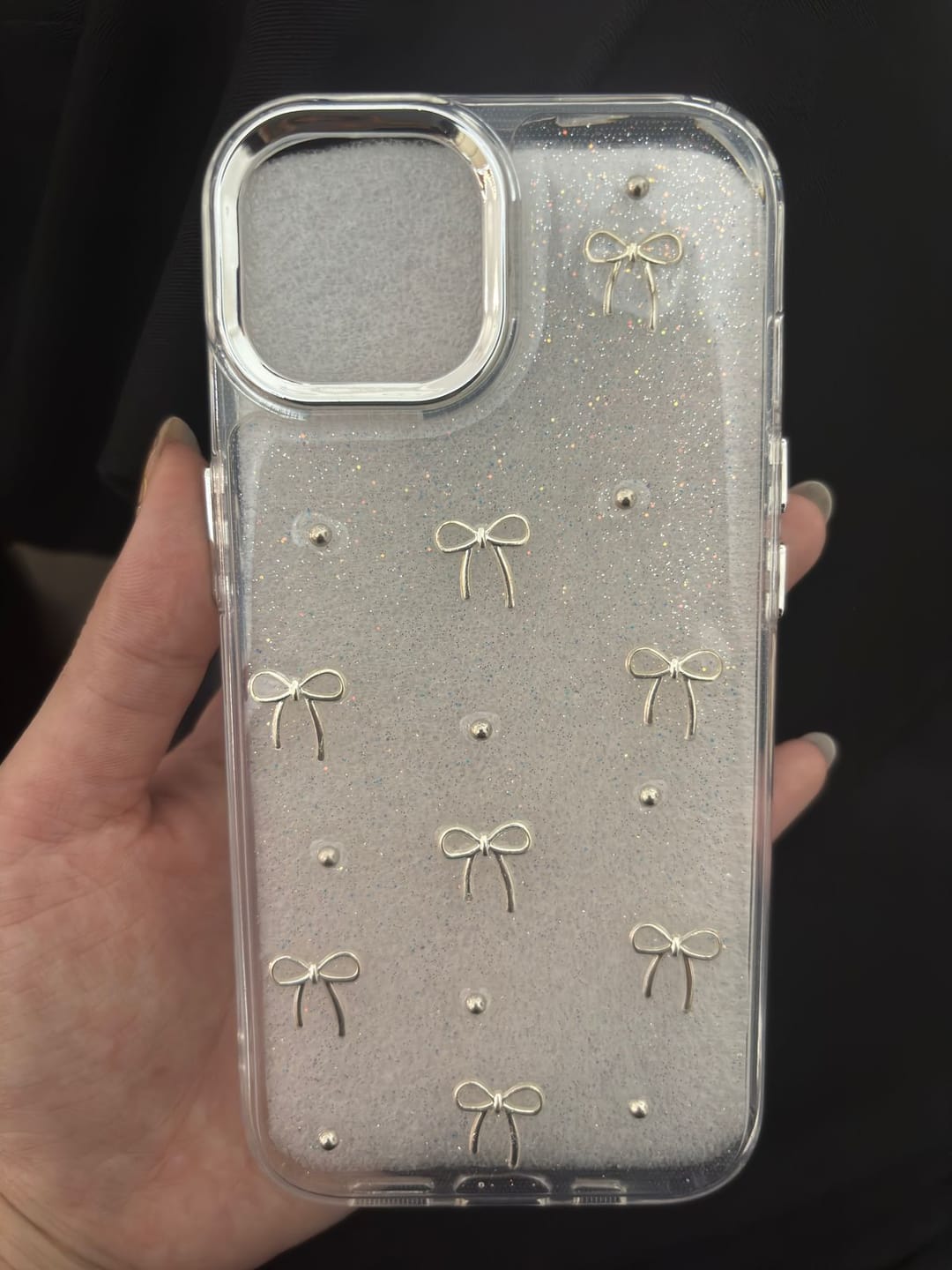 Customer photo review of 3D Silver Bow Transparent iPhone Case