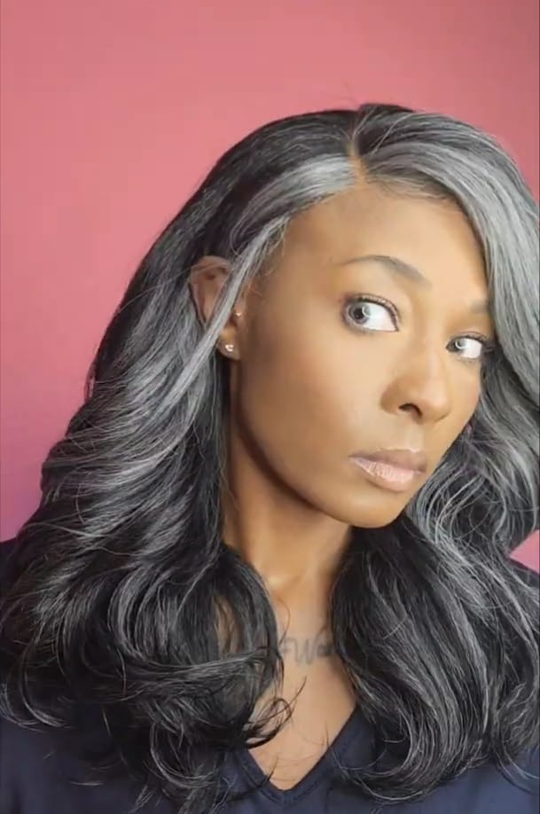 Customer photo review of Luvwin 13x4 Salt And Pepper Kinky With Wave Glueless Wig Black With Salt Color Pre-Cut Lace 100% Human Hair