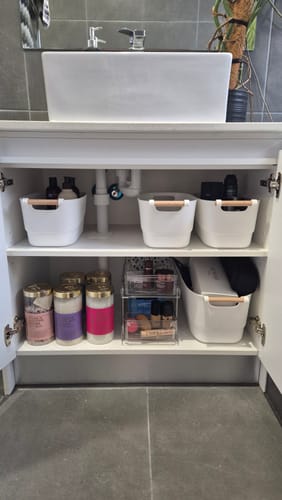 Customer photo review of Large White Storage Tub with Wooden Handle