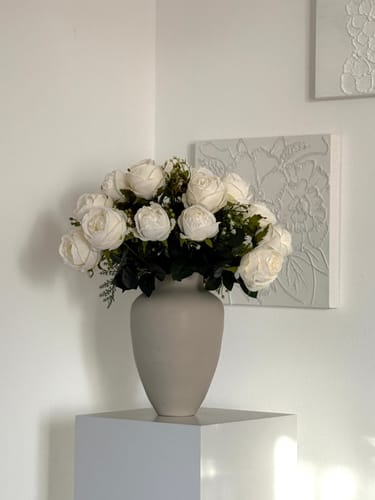 Customer photo review of Faux Large Rose Arrangement - White Ivory (3 Stems/21 Roses)