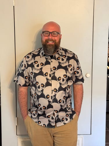 Customer photo review of Men's Skull Cool Graphic Button Up Short Sleeve Punk Rock Art Black Hawaiian shirt