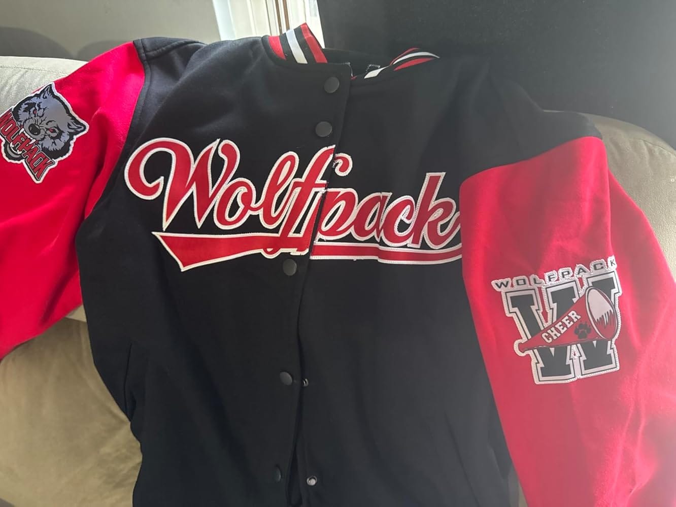 Customer photo review of Custom Red Black-White Raglan Sleeves Varsity Full-Snap Letterman Jacket