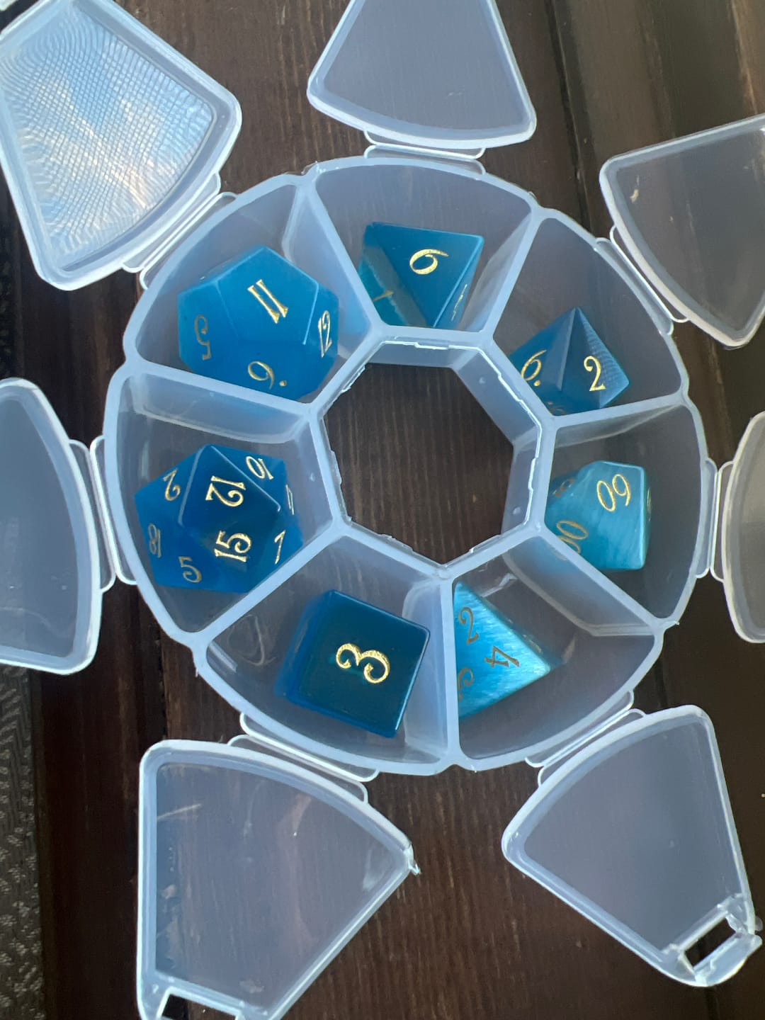 Customer photo review of URWizards Dnd Aquamarine Cat's Eye Gemstone Engraved Dice Set