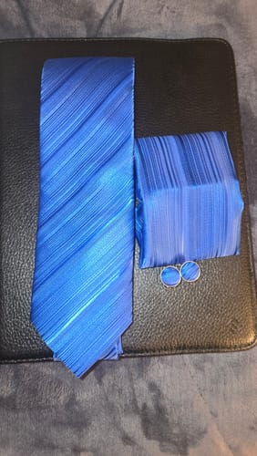 Customer photo review of Royal Blue Striped Necktie Pocket Square Cufflinks Set