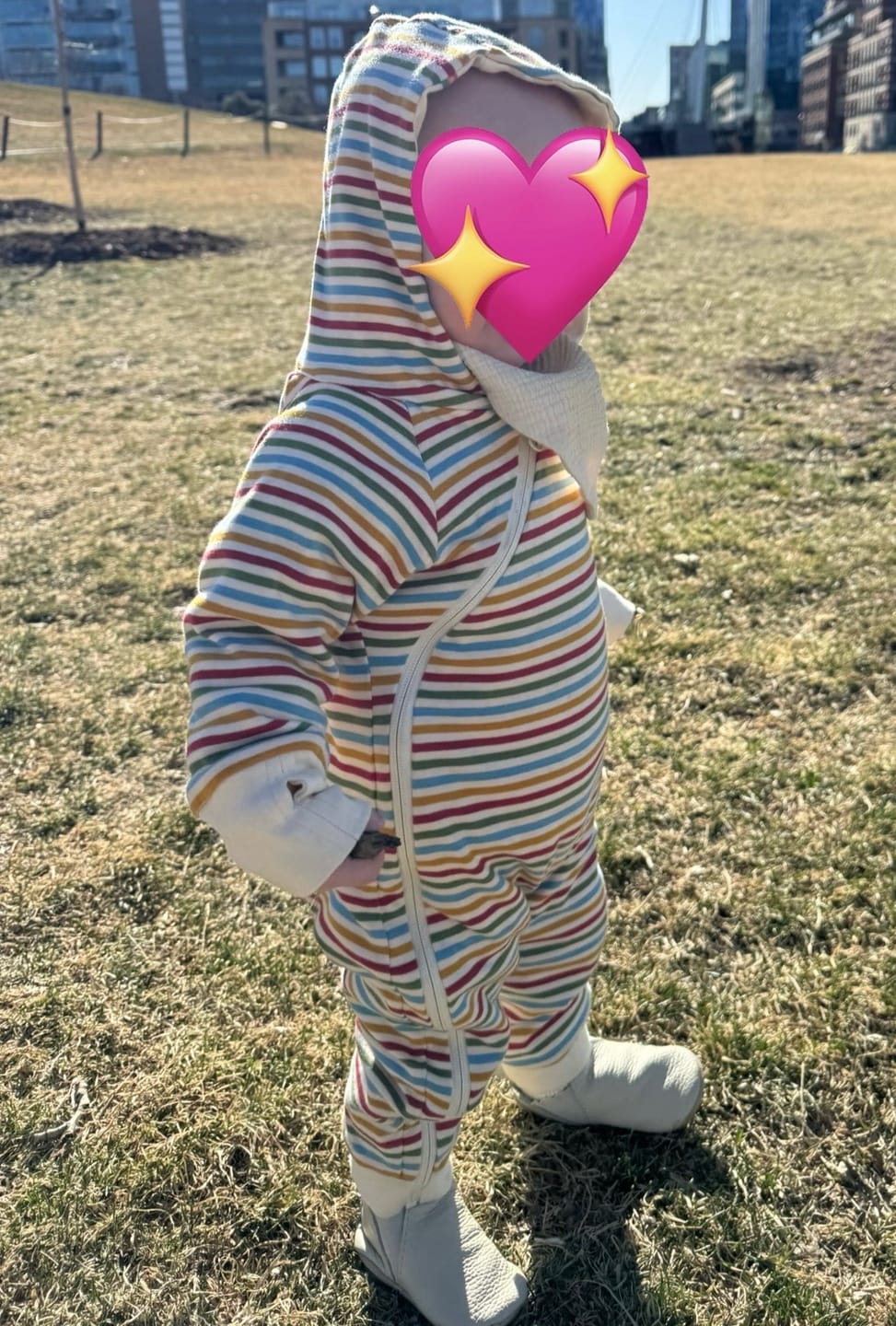 Customer photo review of Cream Rainbows Reversible Hooded Snug As A Bug Suit