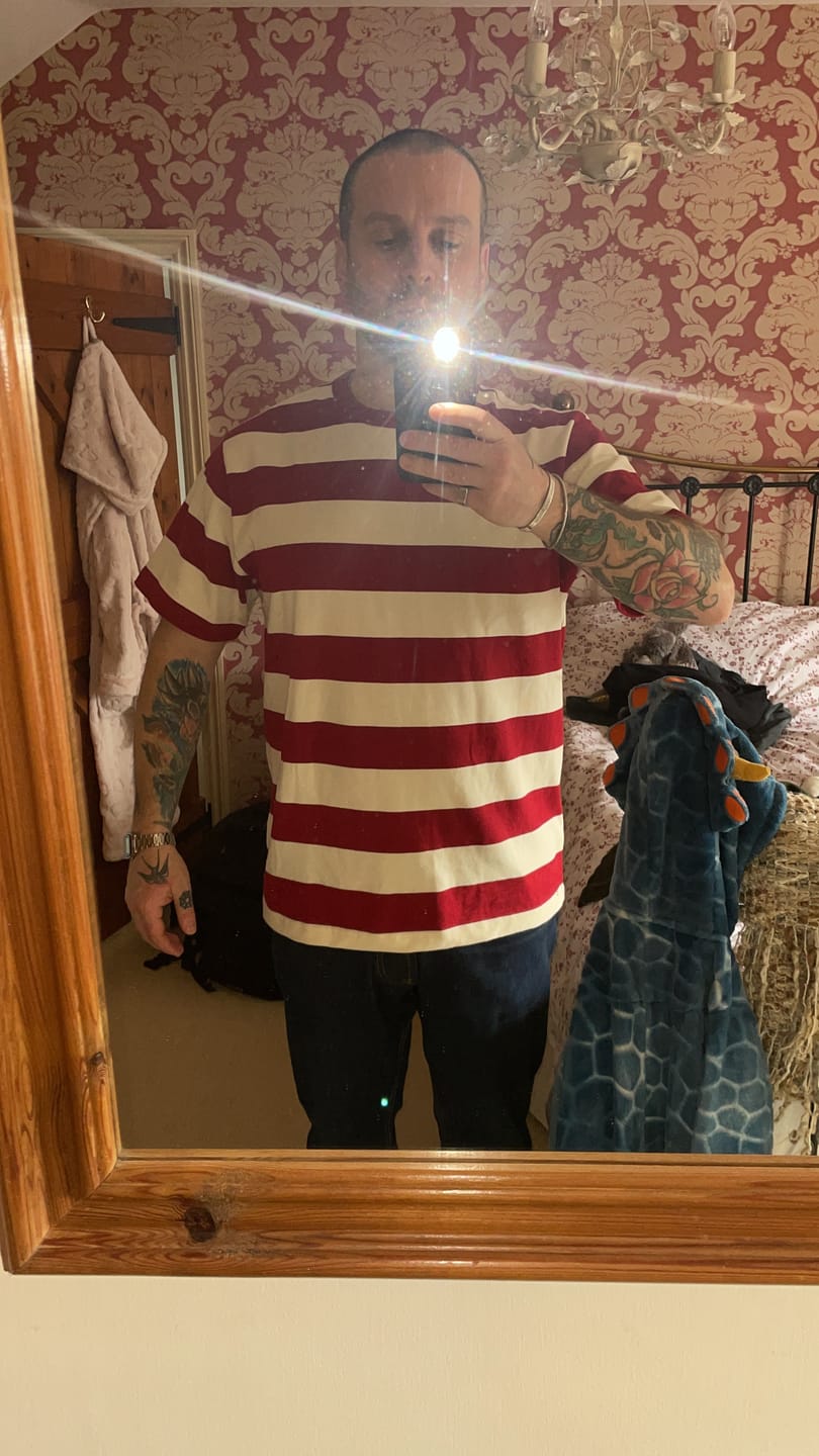 Customer photo review of Heavyweight Cotton Wide Striped T-Shirt - Red/Apricot