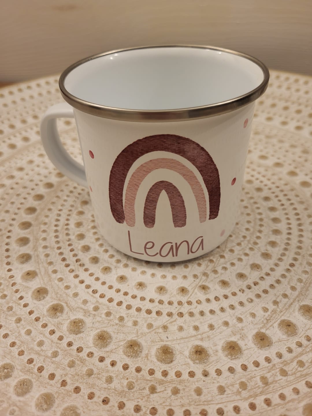 Customer photo review of Emaille Tasse personalisiert - Regenbogen mit Punkten