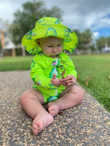 Customer photo review of Fluro Dragon Unisex Long Sleeve Zip Swimmers