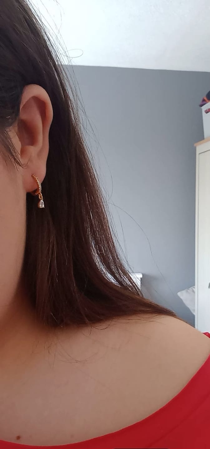 Customer photo review of Ottillie Crystal Gold Raindrop Huggie Earrings