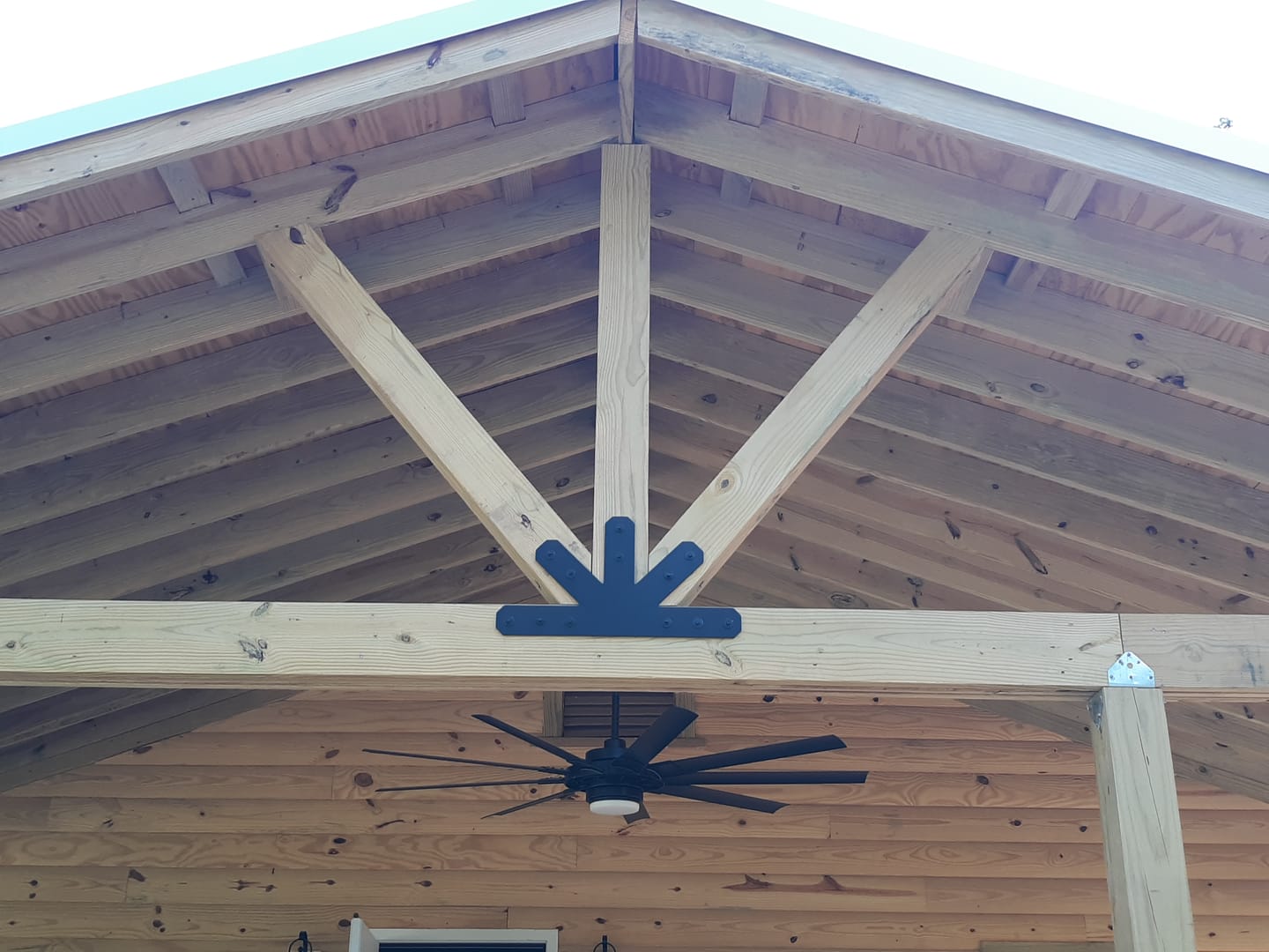 Customer photo review of Fan Brackets for 6 inch beams - 3 inch Wide centered joint - Chamfered - Centered style holes