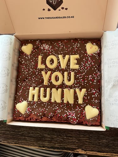 Customer photo review of Custom message red velvet brownie