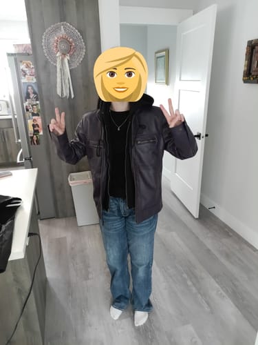 Customer photo review of Wilder Black Leather Jacket With Removable Hoodie
