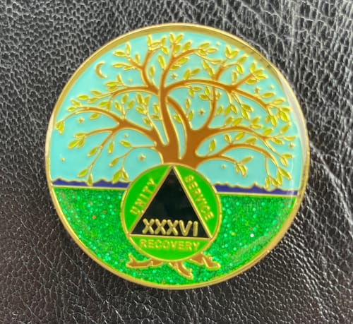 Customer photo review of 36 Year Tree of Life Specialty AA Recovery Medallion - Tri-Plated Thirty-Six Year Chip/Coin