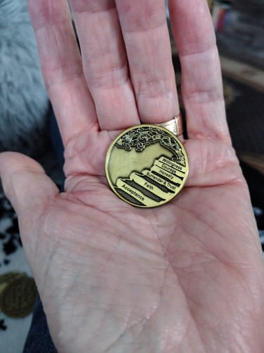 Customer photo review of Wisdom Tree 12 Steps/Principles AA Bronze Recovery Medallion