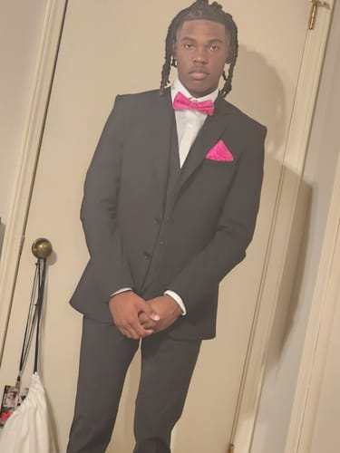 Customer photo review of DeepPink Paisley Pre-tied Bow Tie Hanky Cufflinks Set