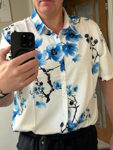 Customer photo review of Men's Casual Blue Floral Print Summer Button Up Flower Short Sleeve Cherry Blossom Shirt