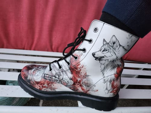 Customer photo review of Crimson Wolf Boots - Vegan Leather Doc-Style Boots with Durable Stitched on Soles
