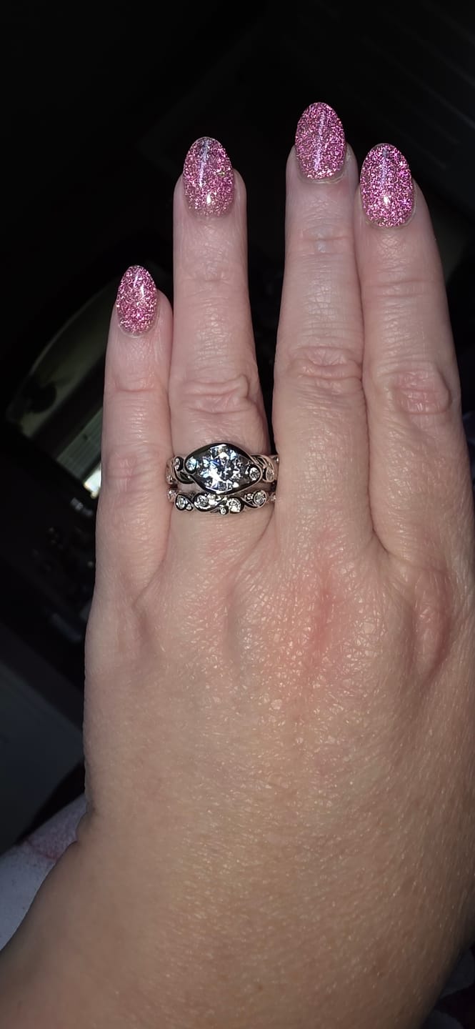 Customer photo review of Bezel Set Round Moissanite Scroll Accents Engagement Ring