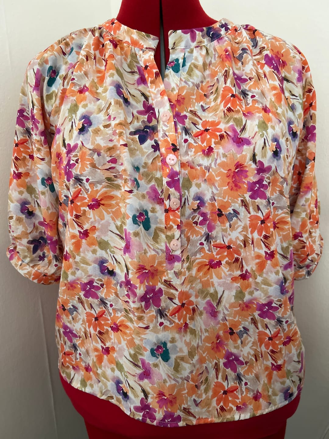 Customer photo review of Orange and Purple Meadow Viscose Challis Fabric