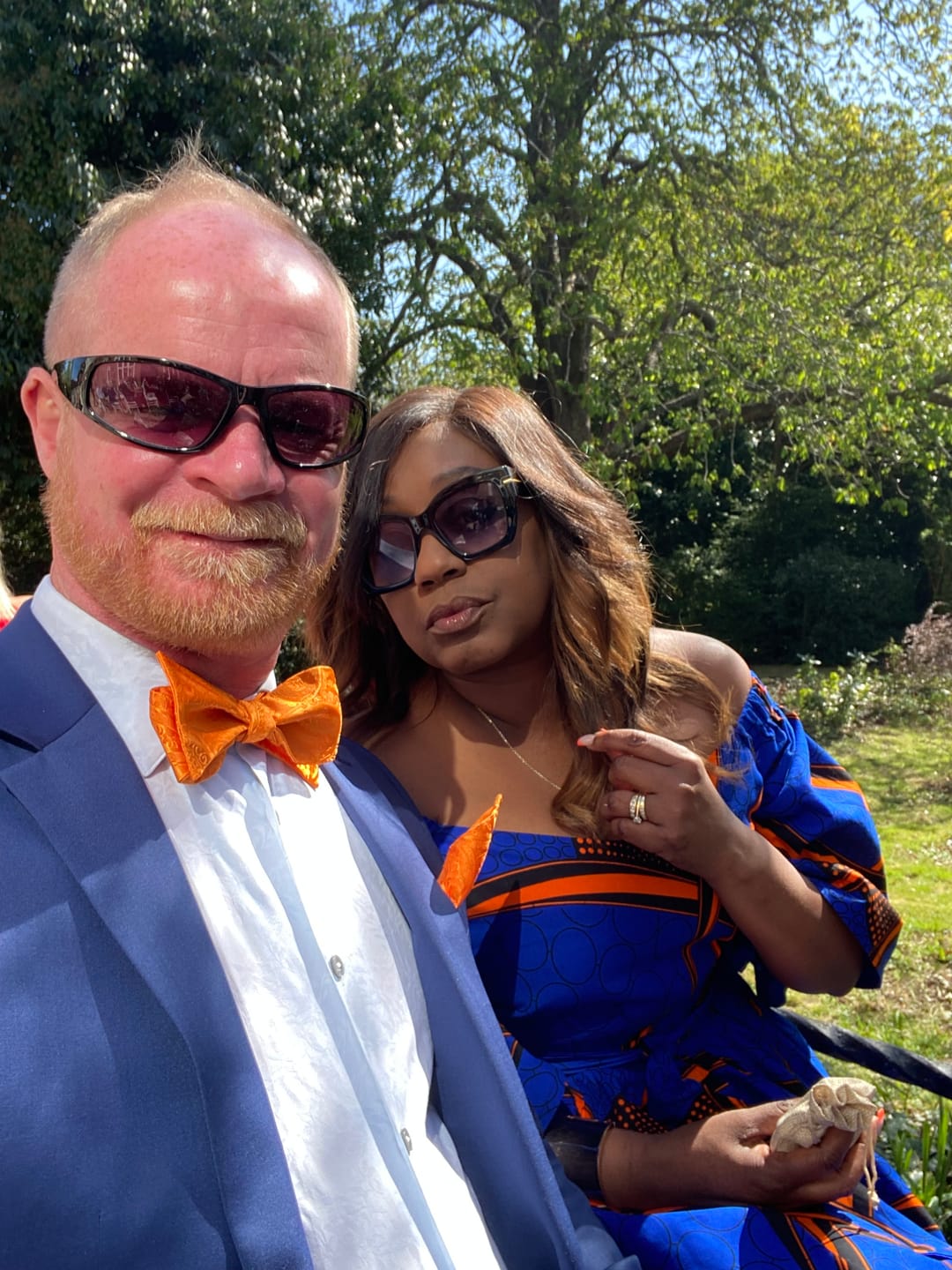 Customer photo review of Toni Ankara Off shoulder Maxi Dress | Blue and Orange African Print