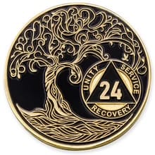 Customer photo review of 24 Year Sobriety Mint Twisted Tree of Life Gold Plated AA Recovery Medallion - Twenty-Four Year Chip/Coin - Black