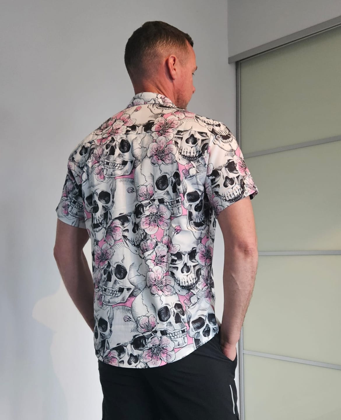 Customer photo review of Men's Skull Pink Flowers Button Up Short Sleeve Shirts