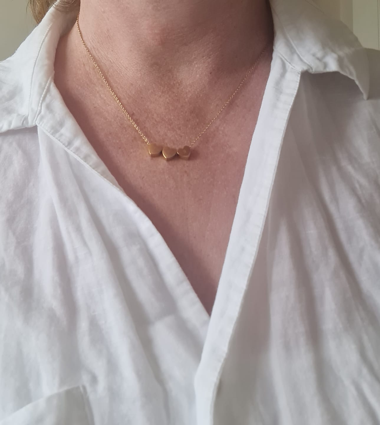 Customer photo review of Amo Heart Triple Bead Necklace in Gold