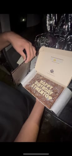 Customer photo review of Mega custom message chocolate fiend brownie