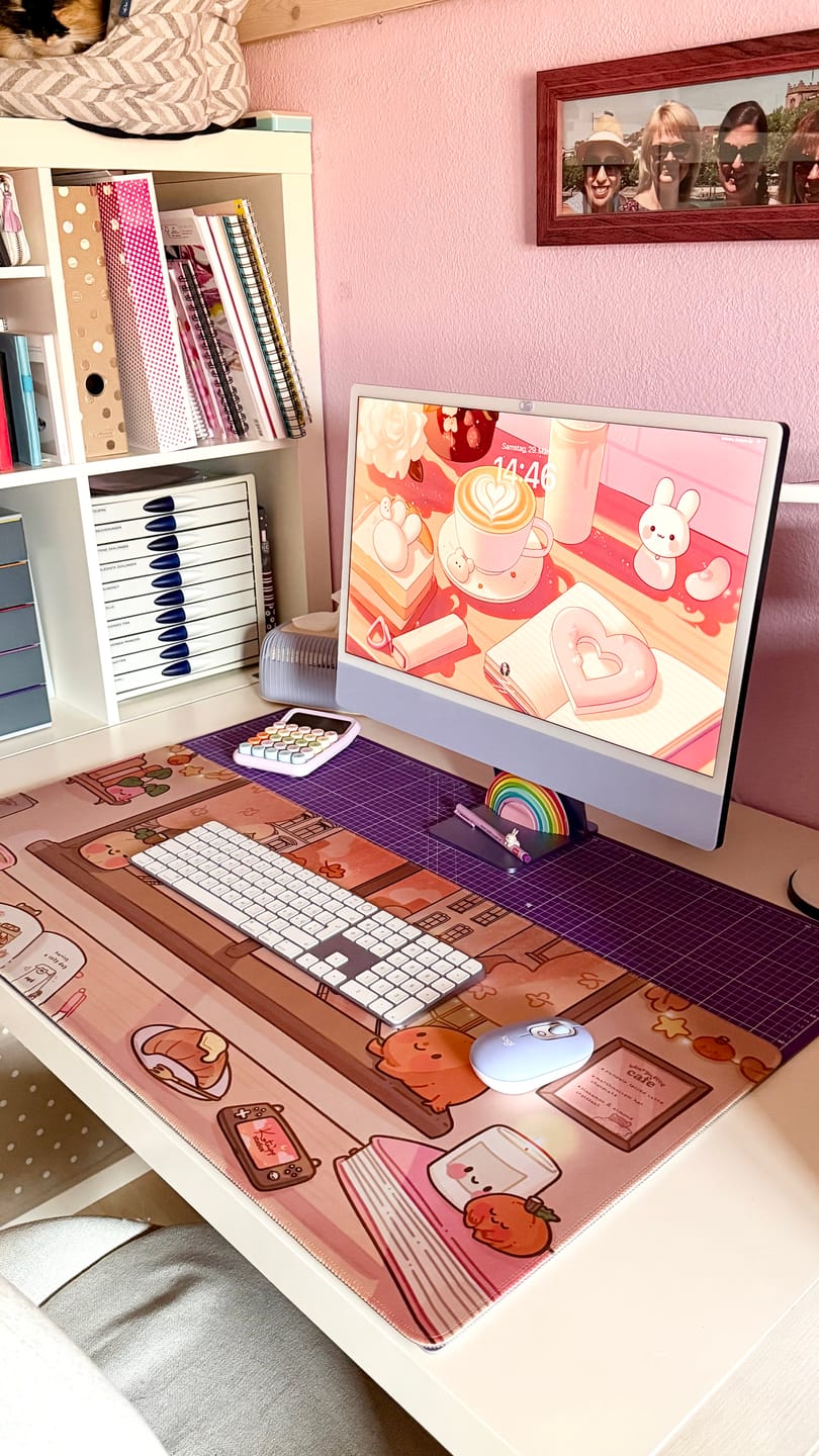 Customer photo review of Autumn Kawaii Desk Mat | Cosy Pumpkin Café Mouse Pad | Cute Fall Desk Decor | Katnipp Studios Desk Mat