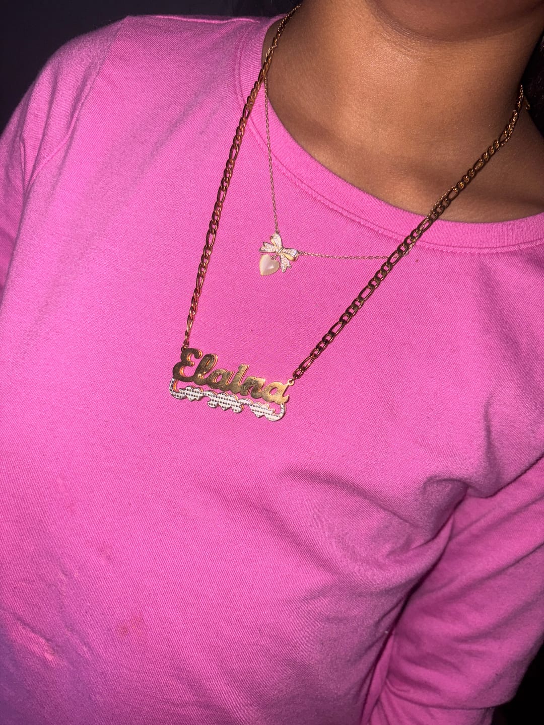 Customer photo review of Double Plated Triple Heart Name Necklace w/ Cuban Chain