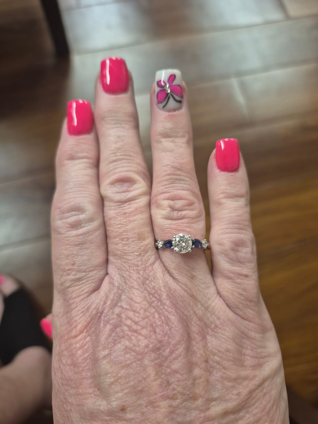 Customer photo review of Five Stone Moissanite And Sapphire Engagement Ring