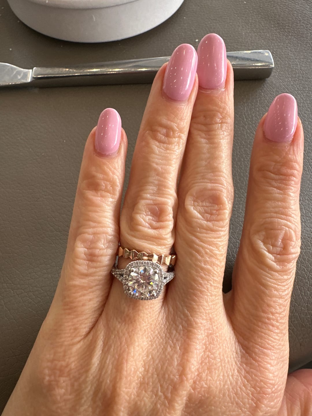 Customer photo review of Moissanite Split Shank Square Halo Pave Engagement Ring