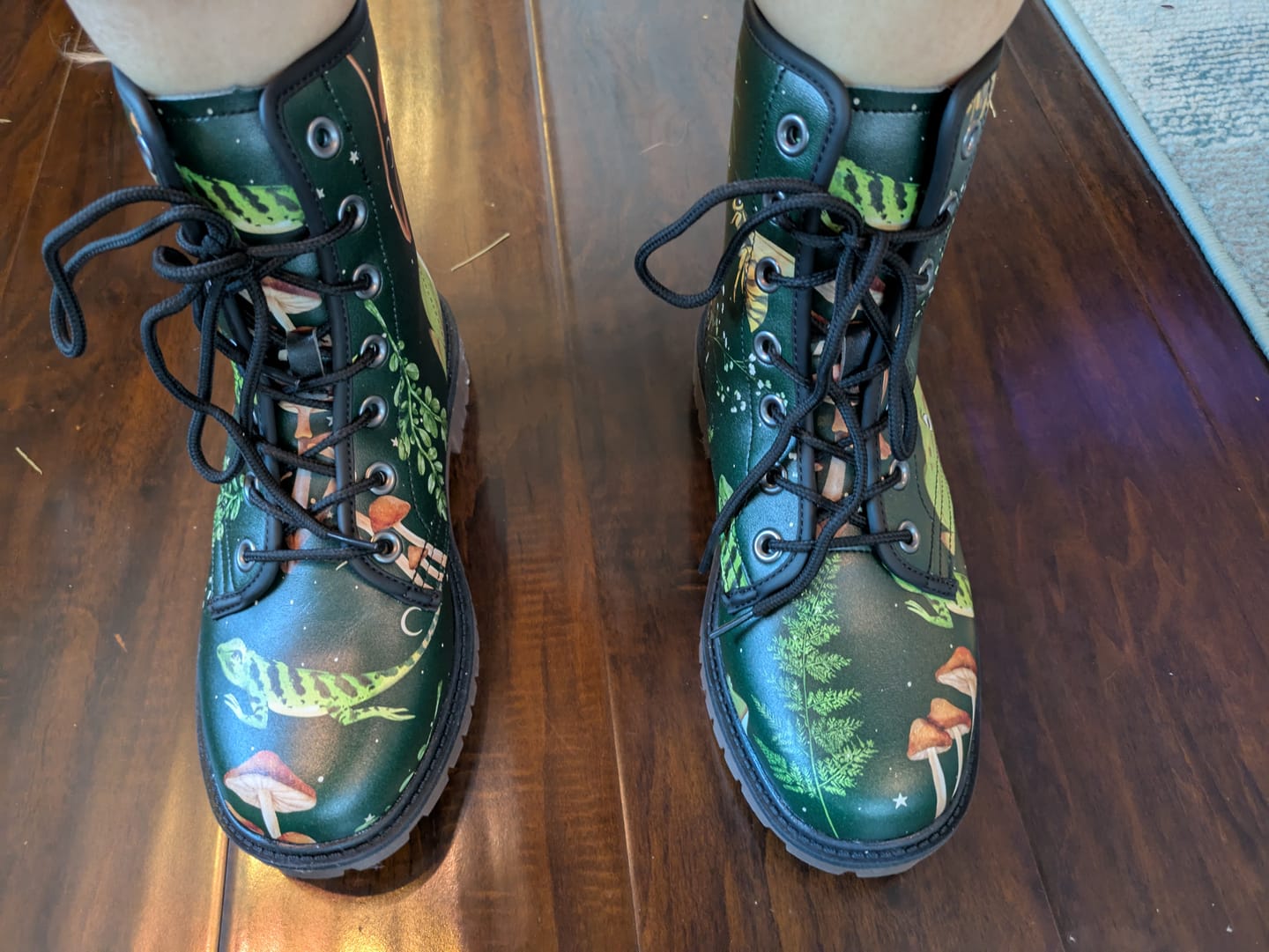 Customer photo review of Magick Fauna Print on Green Forest Vegan Leather Combat Boots