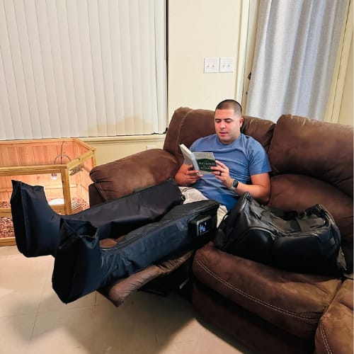 Customer photo review of Air Compression Massager – Wireless Recovery for Leg Circulation & Muscle Relief