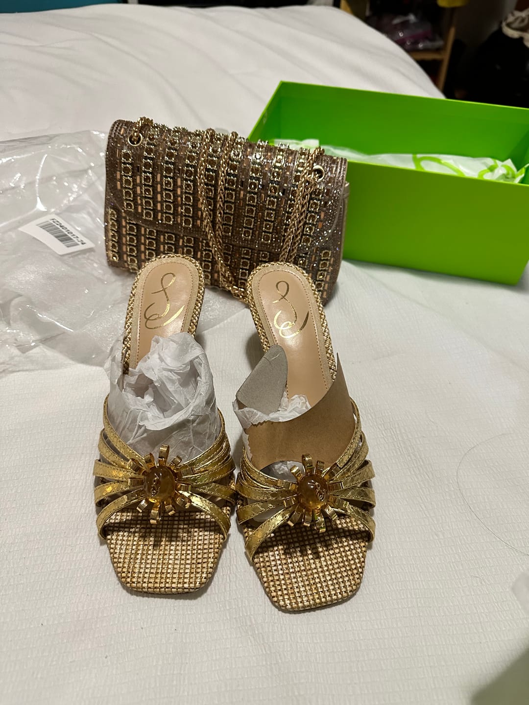 Customer photo review of Glistening Woven Handbag With Shimmering Rhinestone Embellishments - Gold