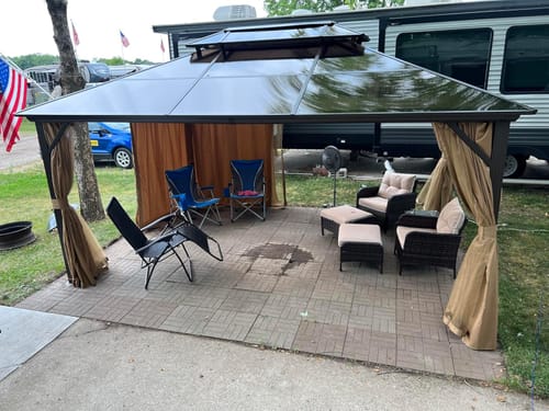 Customer photo review of Homrest 12' x 16' Patio Hardtop Gazebos Canopy Polycarbonate Double-Roof w/ Netting & Curtains