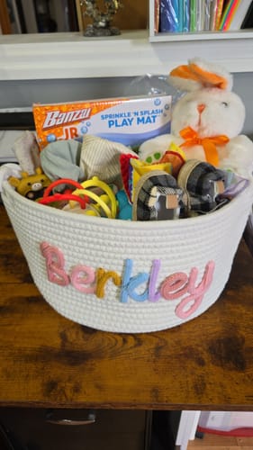 Customer photo review of Baby Knits™  Multicolor Personalized Knitted Basket