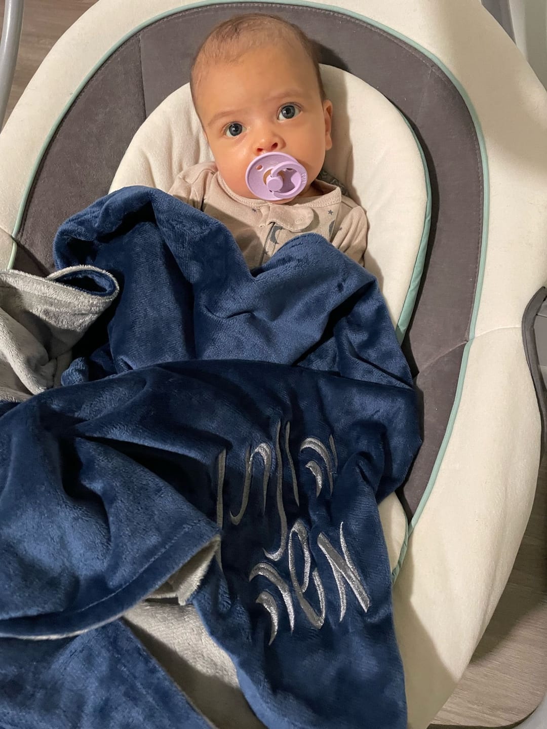 Customer photo review of MinkyBee Stroller Blanket ~ Grey/Navy