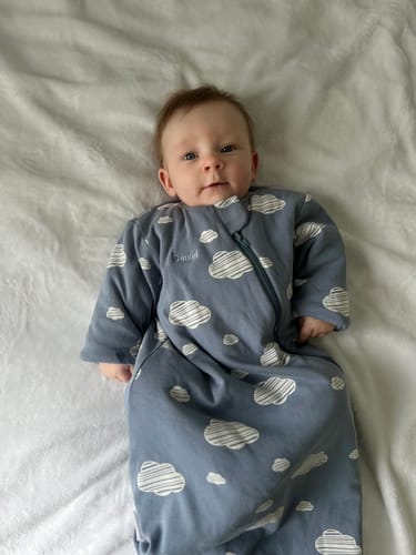 Customer photo review of Organic Cotton & Camel Wool Long Sleeve Sleep Sack 1.0 TOG - Blue Sky
