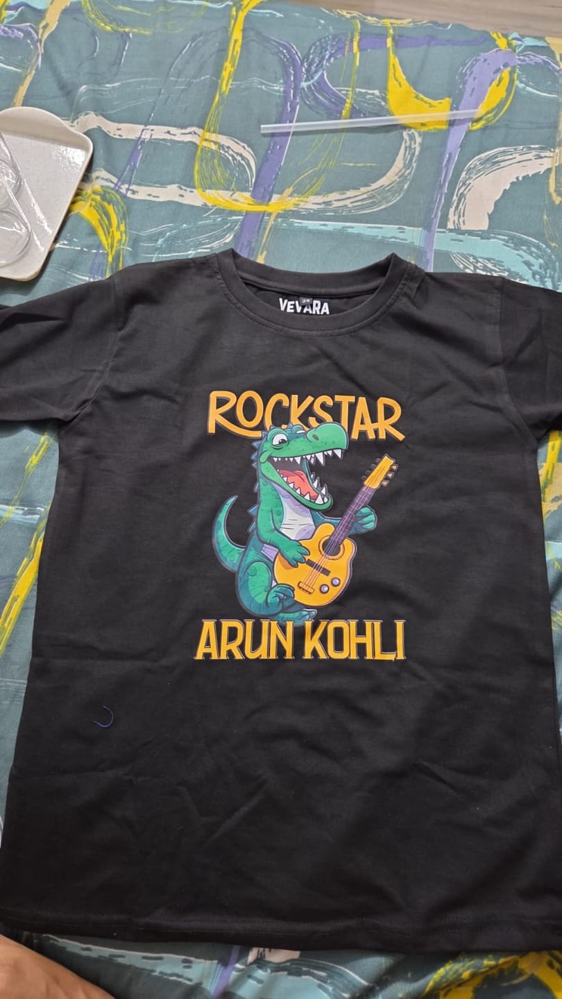 Customer photo review of Rockstar Dino Custom Kids Tee