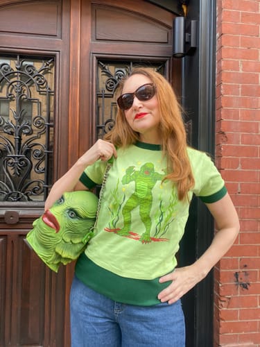 Customer photo review of Universal Monsters: Creature from the Black Lagoon Souvenir Knit Top in Monster Green (unisex)