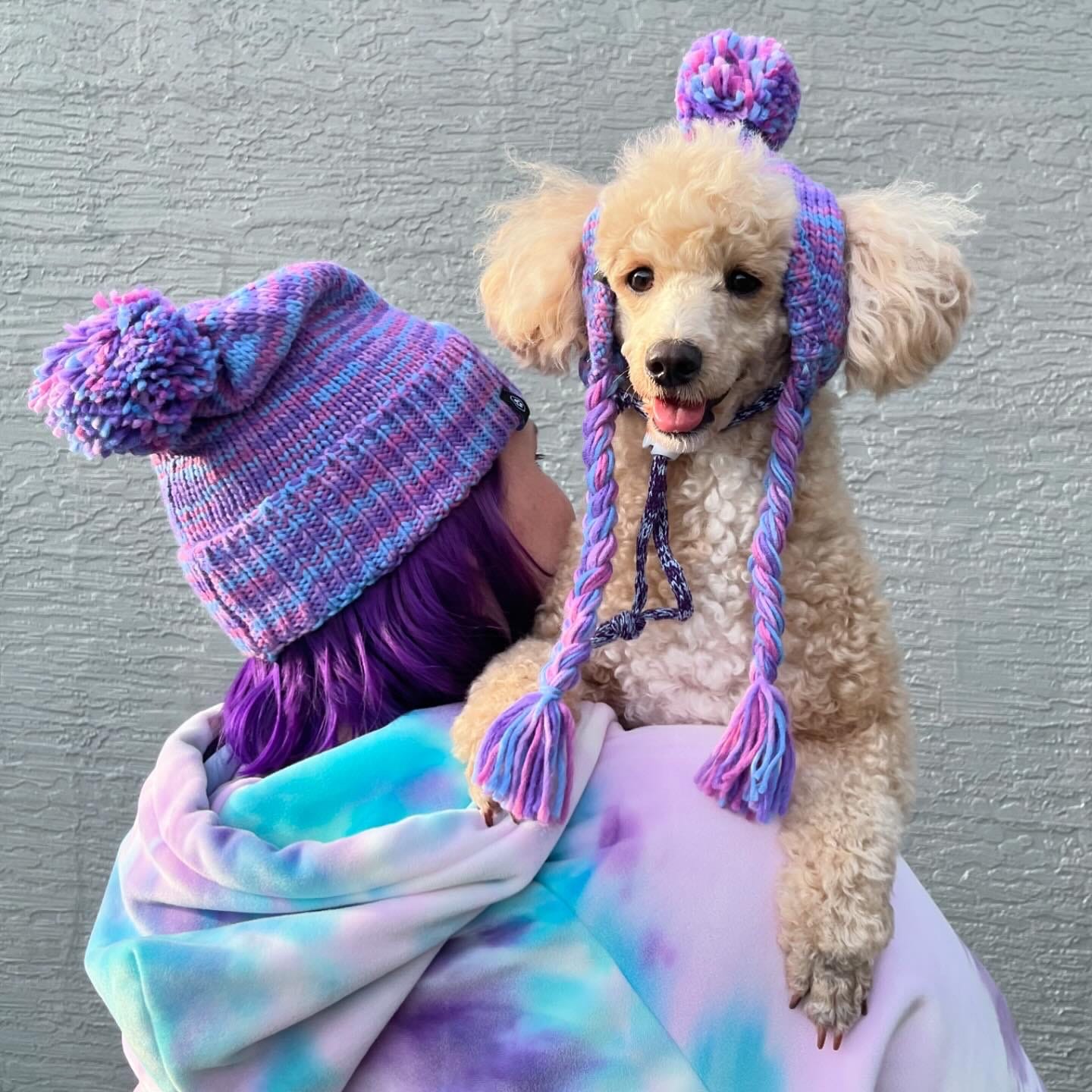 Customer photo review of Human Pompom Hat - Purple & Lavender
